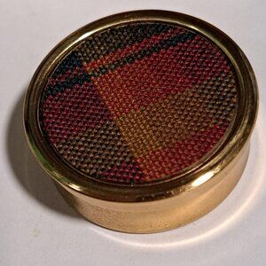 Mini round gold tone tin with box Canada's tartan colors on lid